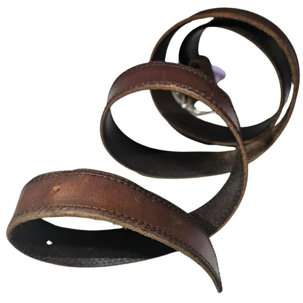 1990s Unisex Brown Leather Belt Oval Pull Through Belt Buckle Fair Condition 40